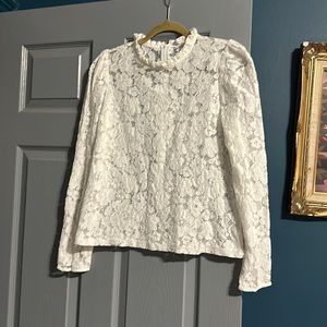 White lace long sleeve blouse with ruffle neck detail